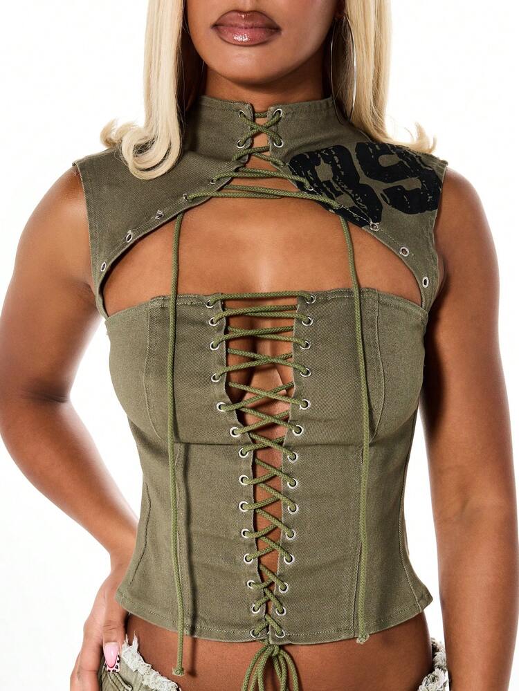 SUMWON WOMEN Women's Olive Green Twill Lace Up High Neck Sleeveless Cargo Corset Top With Structured Bodice And Metal Eyelets