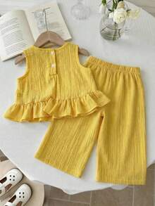 SHEIN Vintaside Kids 2件套女婴休闲可爱蝴蝶结荷叶边无袖上衣和松紧腰裤套装，夏季，婴幼儿黄色夏季套装，女婴夏季服装，女婴度假套装 - 橘色 - 查看 2