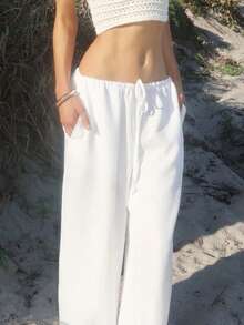 Sydney Algeri 系带亚麻质感沙滩裤，优雅夏季度假阳光休闲波西米亚风白色机场冬季派对裤 - 白色 - 查看 4