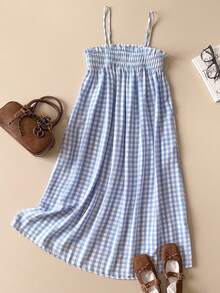 SHEIN Unity Gaun Mini Kotak-kotak Putih dan Biru Sederhana untuk Musim Panas, Tali Bahu Tipis yang Dapat Diatur, Kerah Berumbai, Cocok untuk Piknik, Gaya Vintage 90-an, Retro, Akademik, Kantor, Pesta, Pernikahan, dan Tamu. - Biru - View 6