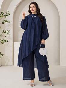 Veilorie Bộ đồ hai mảnh dành cho nữ cỡ lớn, màu trơn, cổ đứng, đính ngọc trai giả, vạt áo bất đối xứng, tay dài kiểu đèn lồng và quần ống rộng, kiểu dáng thường ngày. - Màu xanh hải quân - Xem 5