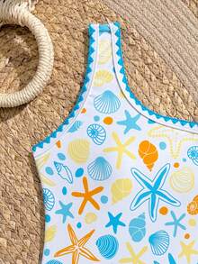 Traje de baño de una pieza con cuello asimétrico y estampado de estrella de mar para niña preadolescente - Multicolor - Ver 4