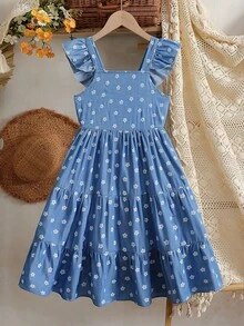 Vintaside Kids 女童夏季无袖吊带优雅清新花卉数码印花连衣裙，适合旅游、度假、海滩玩耍或参加家庭聚会、派对等活动。 - 藍色 - 查看 1