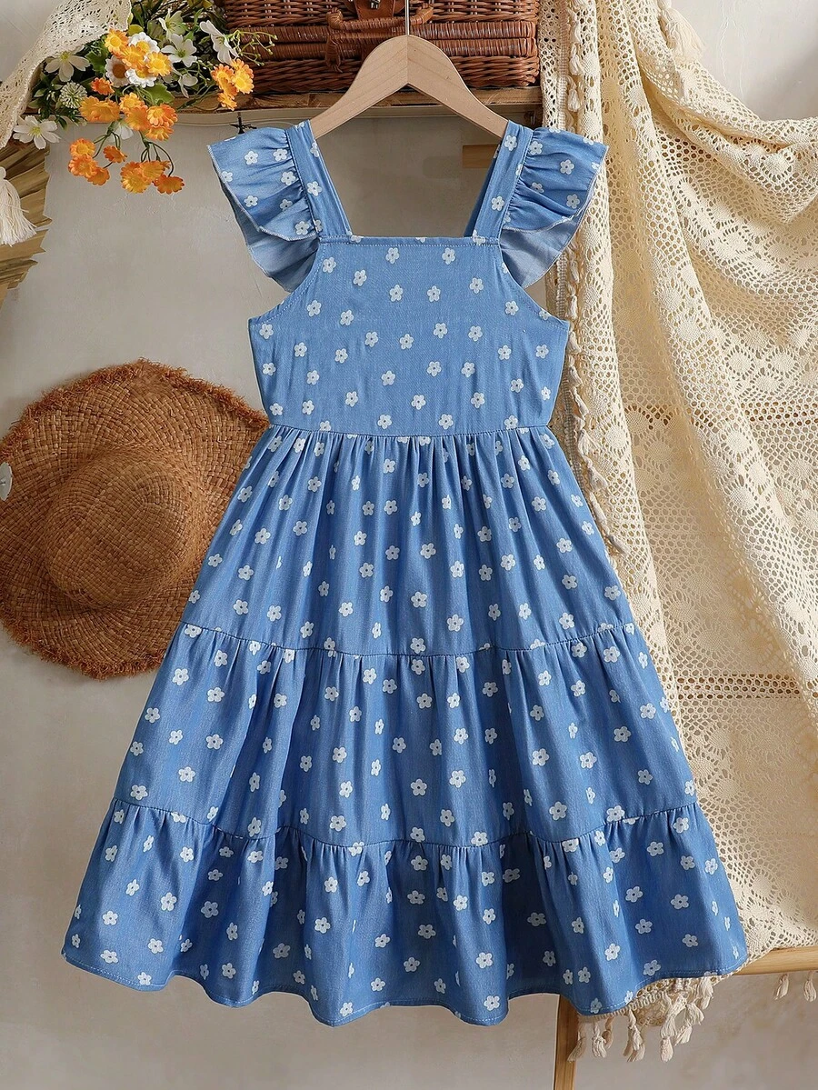 Vintaside Kids 女童夏季无袖吊带优雅清新花卉数码印花连衣裙，适合旅游、度假、海滩玩耍或参加家庭聚会、派对等活动。 - 藍色 - 查看 1