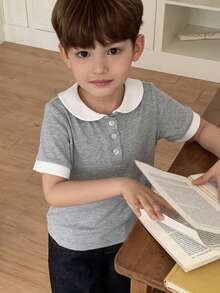DAZY 男童撞色拼接领短袖休闲T恤，夏季 - 灰色 - 查看 5