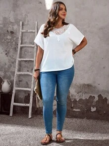 EMERY ROSE Blusa de encaje de unicolor con parches para mujer de talla grande, para verano/vacaciones de playa, para salir, elegante, de encaje blanco, blusa de verano de encaje, blusa de malla blanca bohemia con ribete de encaje - Blanco - Ver 5