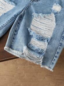 SHEIN 青少年男童时尚街头风修身做旧浅蓝色牛仔短裤，休闲日常百搭 - 淺色水洗藍 - 查看 6