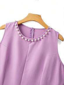 GlowEve CURVE 2 piezas Conjunto de chaqueta de cárdigan de manga larga con cuello en V y adorno de perlas en contraste, y vestido maxi con decoración de perlas en el cuello redondo, para mujer talla grande, adecuado para otoño/invierno, uso casual, oficina y fiesta - Morado - Ver 3