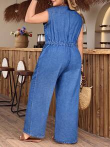 EMERY ROSE 大码女式休闲腰带口袋牛仔连体裤 - 深色水洗藍 - 查看 2