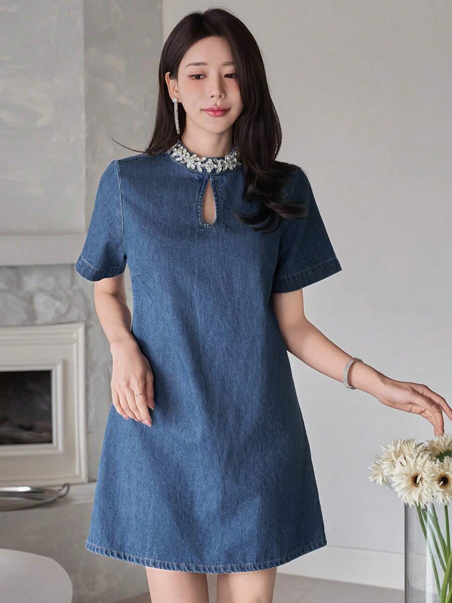 DAZY Women's Casual Rivet Studded Stand Collar Straight Short Denim Dress, Summer - Blue - View 1