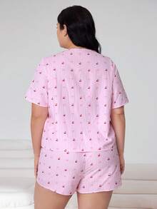 Solflare Pink,Summer,Cute,Family Matching Plus Size Cherry Blossom & Bow Striped Print Open Front Tie Bow Loose Short Sleeve Shirt & Shorts 2-Piece Set - Multicolor - View 2