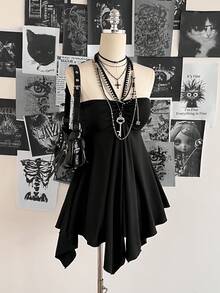 Attitoon Women's Solid Color Halter Tie Ruched Asymmetrical Hem Fashionable Versatile Blouse For Dates & Outings - Black - View 4