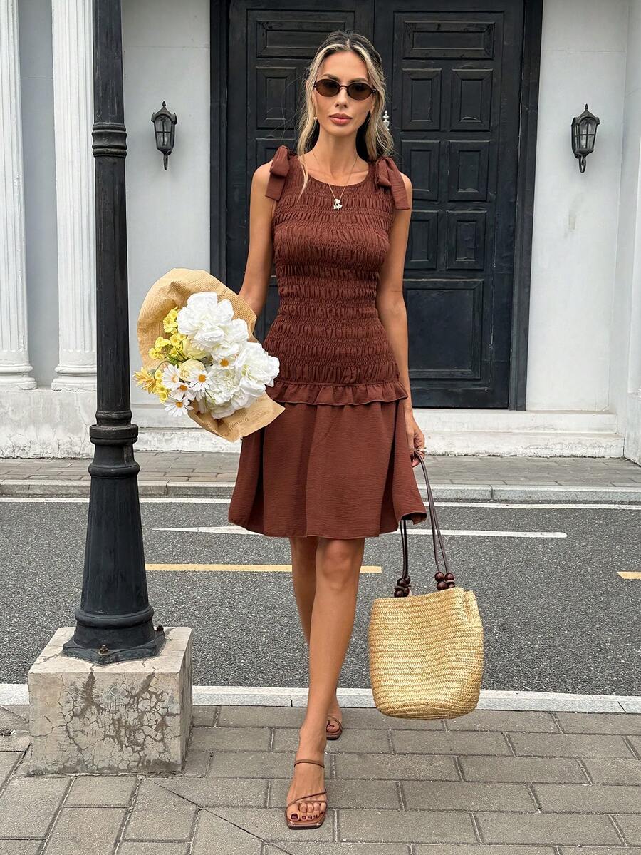 Pariaura Women's Casual Vacation Solid Color Ruffle Shoulder Tie Dress, Summer - Brown - View 1