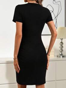 Easowa Women Dresses Asimetris Ruched Membungkus Plain Casual - Hitam - View 3
