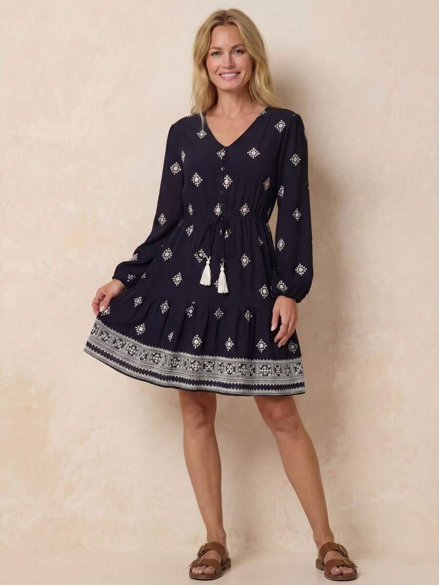 EMERY ROSE Damen V-Ausschnitt Raglanärmel Lässig Allover-Muster Taillengegurtetes Vintage Mini-Kleid - Schwarz - Übersicht 1