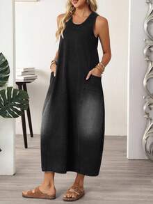 EMERY ROSE Đầm denim dài dáng rộng, không tay, cổ chữ U, dây đeo bản rộng, có túi, dành cho người có thân hình đầy đặn, thích hợp cho mùa hè. - màu đen - Xem 5