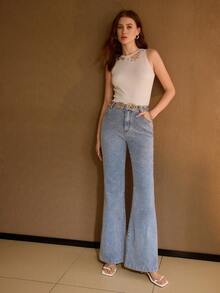 MOTF PREMIUM WOMEN'S FASHION CASUAL SIMPLE SOLID COLOR FLARED JEANS WITH BELT - Baby Blue - View 4