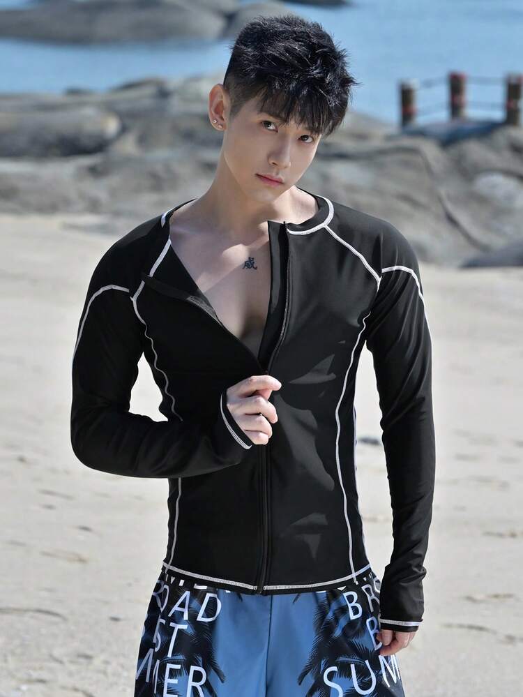 Men's Swimwear With Contrast Color Blocking And Decorative Lines, Summer