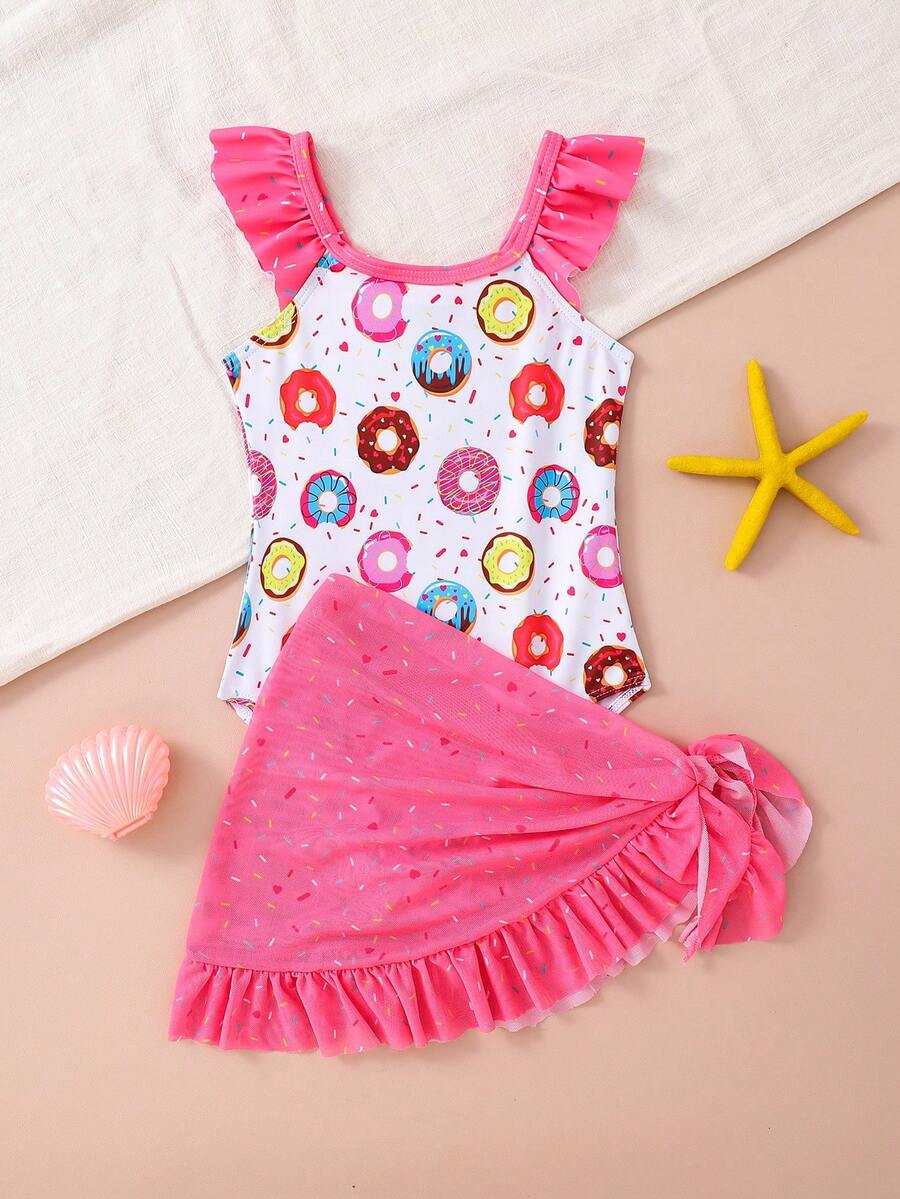 SHEIN Mädchen Sommer Strandurlaub Donut Muster Kontrast Farbe Rüschen Einteiler Badeanzug und Wickel Taille Rock Set Sommer Tops Kleider Strandmode Kleid Resort Tragen Bunte Zweiteiler Set Mädchen Donut Bademode Bademode Sommer Outfits für Mädchen Kleinkind Mädchen Sommer Kleidung Kleinkind Bademode Strandkleid für Badeanzüge für Strandmode zum Schwimmen Kostüme für Mädchen Sommer Mädchen Strandoutfits - Rot - Übersicht 1