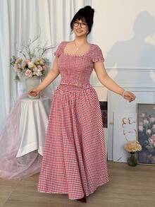 CovetEZ Bộ đồ nữ cỡ lớn gồm áo tay ngắn kẻ caro và chân váy, kiểu dáng thường ngày, thích hợp cho kỳ nghỉ, hẹn hò, đi chơi. - Đỏ - Xem 4