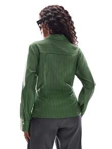 Ciel Poise 绿色混色条纹随机印花裹身系带褶皱腰身翻领双排扣条纹蝴蝶结休闲时尚百搭学院风女式长袖衬衫 - 綠色 - 查看 6