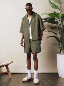 SUMWON Olive Textured Short Sleeve Shirt And Matching Shorts Co-Ord Set For Summer Relaxed Casual Everyday Wear Button Up Collar Style Vacation - Green - View 6