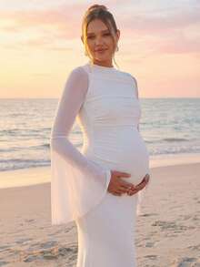 Loomaby Maternity Solid Color Ruched Split Long Sleeve Elegant Dress,Gender Reveal Baby Shower Spring Outfit Women , Break Outfits - White - View 1
