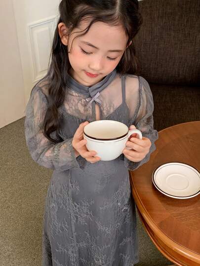 DAZY 少女蕾丝长袖蝴蝶结装饰上衣和吊带裙套装