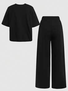 SHEIN 少女休闲日常黑色针织数字67印花圆领宽松落肩褶皱简约套头卫衣和短裤两件套 - 黑色 - 查看 2