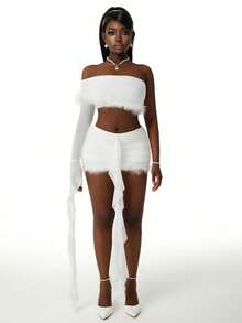 Amplova Conjunto de 2 piezas para mujer, top corto de un hombro de manga larga con textura esponjosa y minifalda ajustada con volantes, todo blanco, ropa de fiesta, otoño, estilo años 70, cumpleaños, Y2K - Blanco - Ver 5