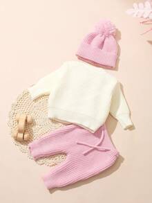 SHEIN 3件組嬰兒醫院出生公告套裝 白色秋季趣味圖案 嬰兒派對新生兒拍照道具 針織上衣與長褲附帽子 - 粉色 - 查看 2