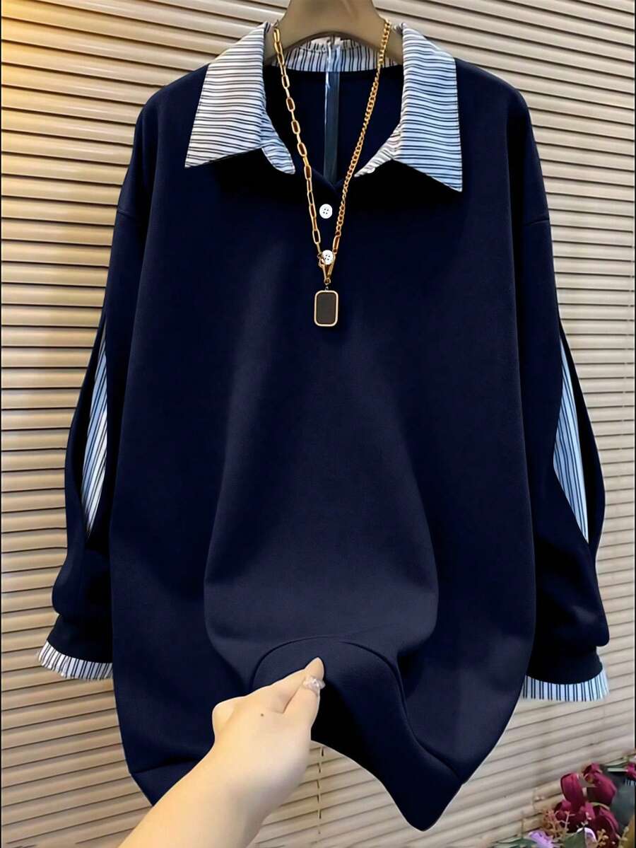 INAWLY Women's Striped Patchwork Long Sleeve Casual Loose Pullover Sweatshirt - Navy Blue - View 1
