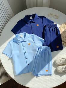SHEIN 4pcs Kids Boys Casual Loose Turndown Collar Open Cardigan Shirt And Shorts Set, Tracksuit, Basic Top, Basic Bottom, Y2K Shorts, Suitable For Spring/Summer, Outings, Valentine's Day, Young Boy Clothes, Dates, Travel, Vacation, Family Gatherings, Back To School, Weddings, Formal Events, Sports, Birthday Parties - Multicolor - View 2