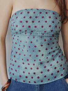 Nöista Sleeveless, Bandeau Top A Textured Blue Fabric With Burgundy In Polka Dots Print. Spring, Summer, Woman. - Blue - View 8