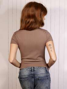 SILVIA DI SANTO Capped Sleeve Snatched T-Shirt Casual Summer Everyday Airport Holiday Fall Back To School Autumn Winter - Brown - View 2