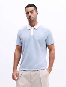 SUMWON Casual Embroidered Polo Shirt With Short Sleeves And Contrast Collar For Spring Summer Everyday Wear - Blue - View 5