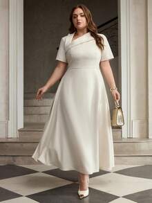 ZEYLAH Asymmetric Oblique Collar Short Sleeve Ruched Waist Dress - Apricot - View 1