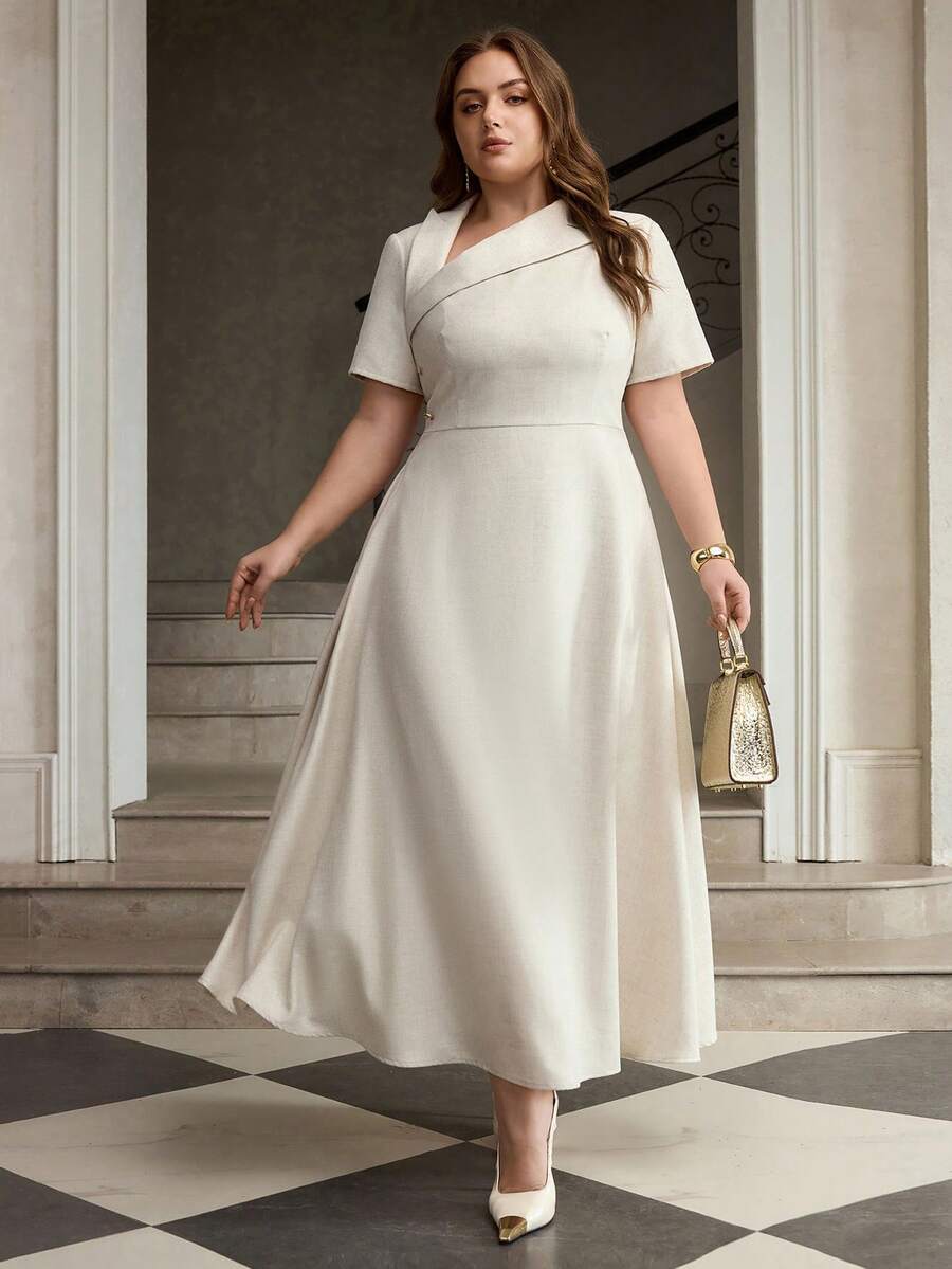 ZEYLAH Asymmetric Oblique Collar Short Sleeve Ruched Waist Dress - Apricot - View 1