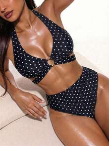 Swim Basics Bộ bikini 2 mảnh in họa tiết chấm bi nhiệt đới dành cho nữ, thích hợp cho kỳ nghỉ thường ngày. - Đen và trắng - Xem 1