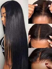 直发 5x5 无胶蕾丝前假发 人发预拔透明蕾丝闭合假发 适合女性 150% 密度原生发 - Natural Black - 查看 6