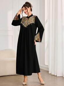 Al Najma Fashionable New Jacquard Modest Arabic Style Dress For Women - Black - View 5