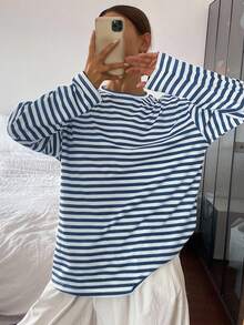 Livesso Tricou lung pentru femei, croială lejeră, culoare solidă, guler rotund, mânecă lungă - Albastru si alb - Vizualizare 4