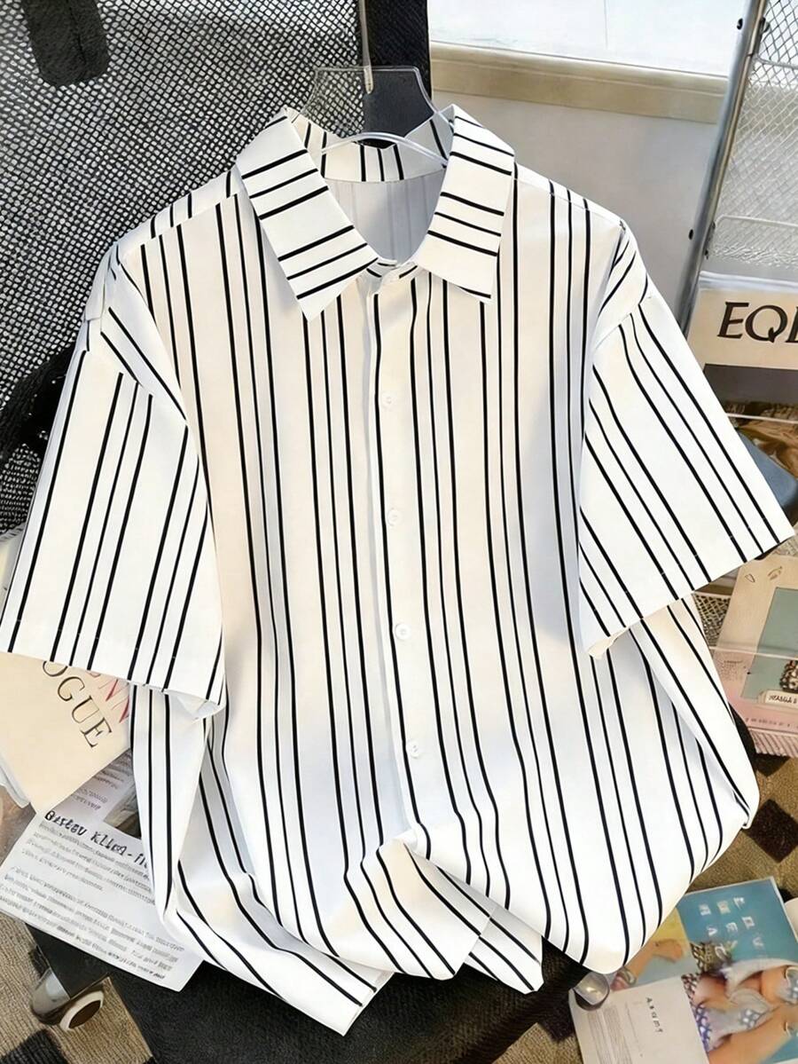 Claim Dot 男士条纹印花单排扣休闲/工作短袖衬衫 - 彩色 - 查看 1