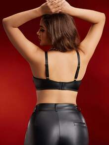 SHEIN 女士时尚迷人黑色皮革加大码支撑塑形内衣，适合日常穿着、节日、派对、通勤和度假 - 黑色 - 查看 2