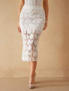 Silquee Elegant White Lace-Trimmed Midi Skirt For Women, Water-Soluble Lace,White Flower Pattern,Breathable Summer Beach Skirt,Autumn Party Wedding Guest - Beige - View 4
