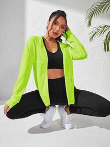 Sovereign Charm Women's Casual Commuter Solid Neon Green Drop Shoulder Loose Zip-Up Drawstring Hooded Sports Jacket - Green - View 4