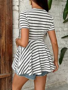 SHEIN Maternity Black And White Striped Waffle Top,V-Neck Contrast Lace Trim Short Sleeve Peplum T-Shirt,Everyday Summer Smart Casual Drawstring Waist Tops - Apricot - View 3
