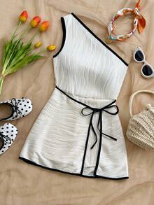 Soleia Women's Sleeveless Textured Jumpsuit Romper, Suitable For Vacation - Black and White - View 4