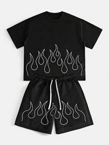 AXEPEAK Herren Lässig Set aus Flammen-Muster T-Shirt mit Strass und Shorts, Sommer - Schwarz - Übersicht 8