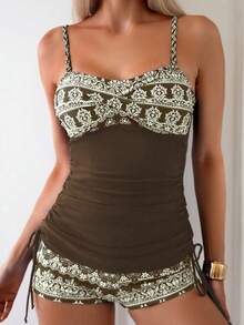 Swim Lushoire Women's Summer Vacation Beach Pattern Print Side Drawstring Tankini Set - Coffee Brown - View 3